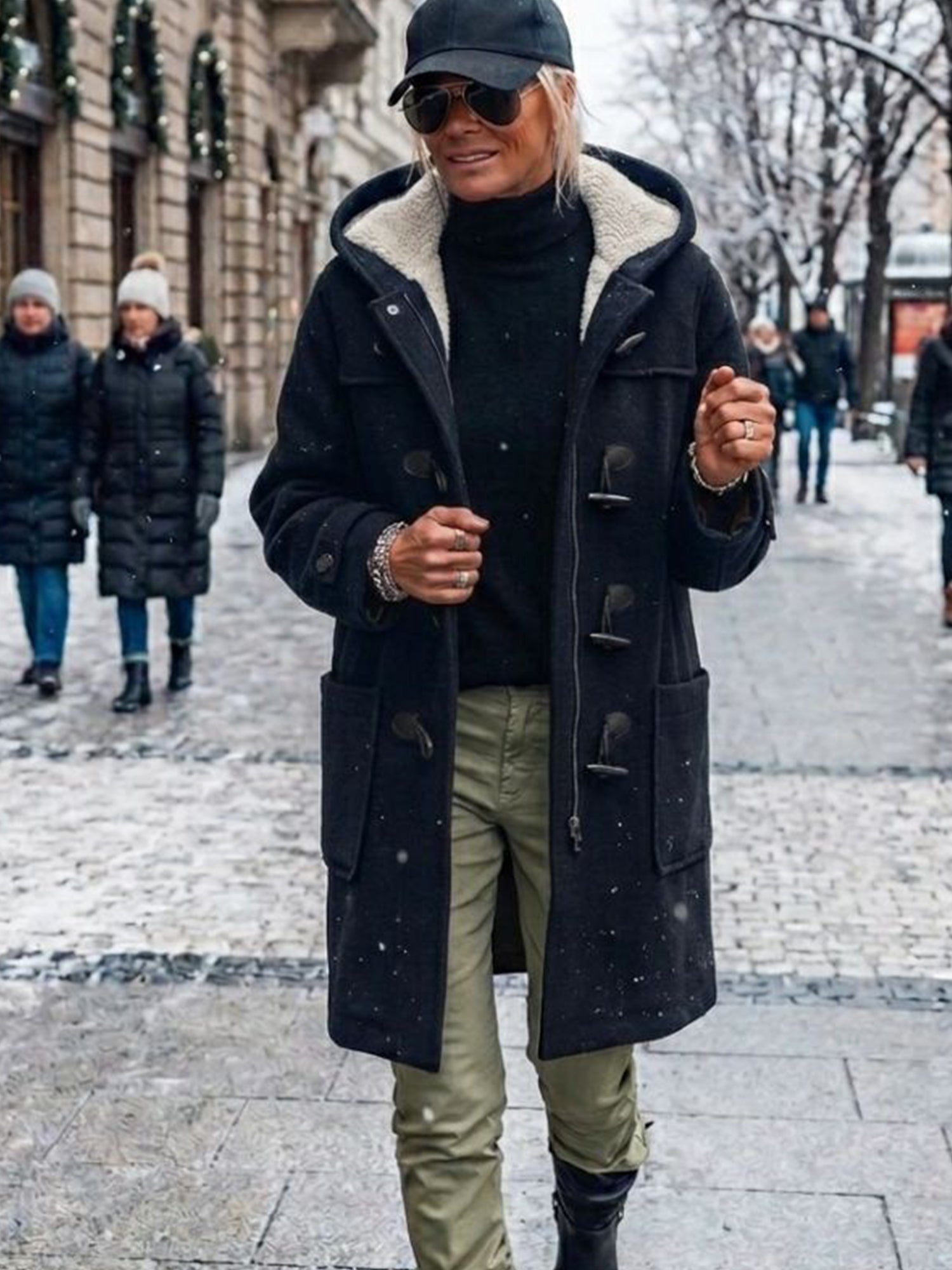 Vegan Wool Duffle Coat with Recycled Vegan Shearling