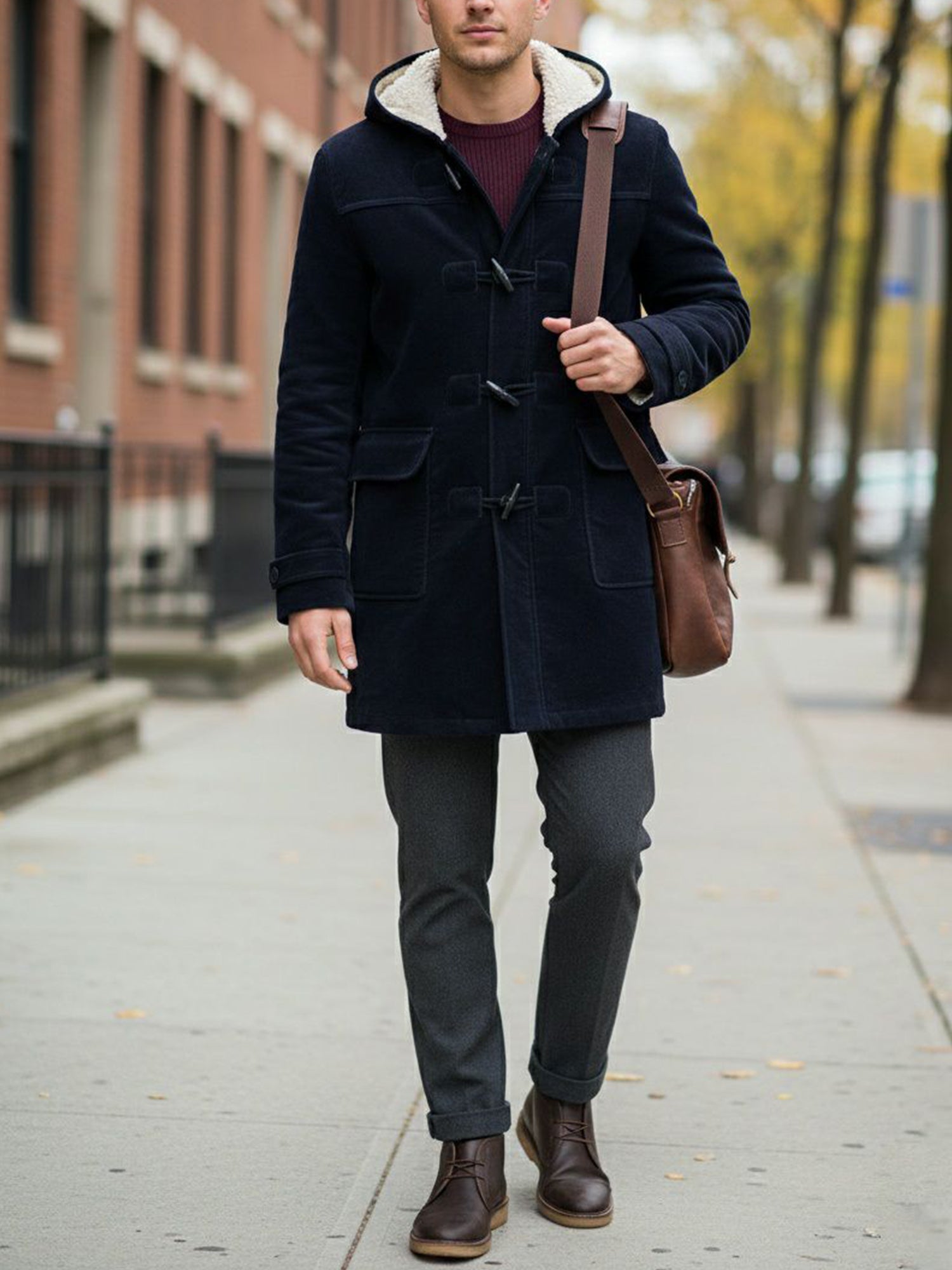 Vegan Wool Duffle Coat with Recycled Vegan Shearling